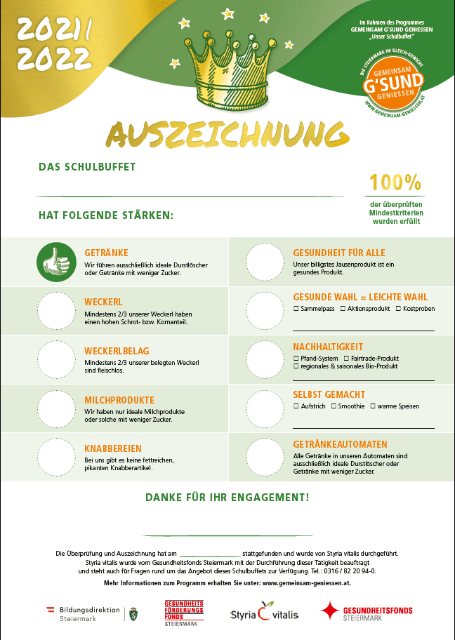 Auszeichnung von GEMEINSAM G´SUND GENIESEN - Unser Schulbuffet. Das steirische Programm für gesunde und nachhaltige Schulbuffets.